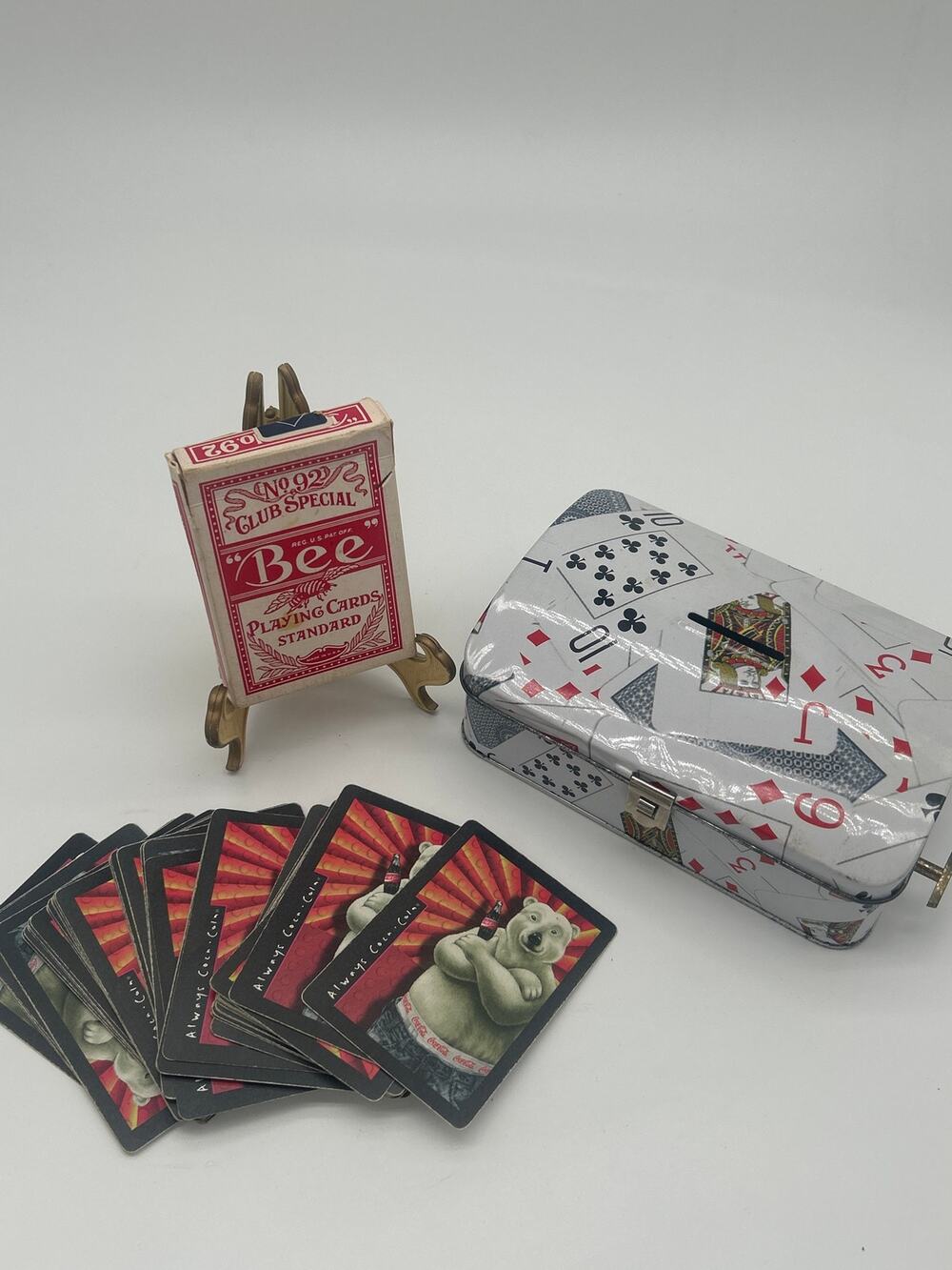 Vintage Playing Card Lot Coca-Cola Deck Bee Cards Box Musical Tin Coin Bank Box